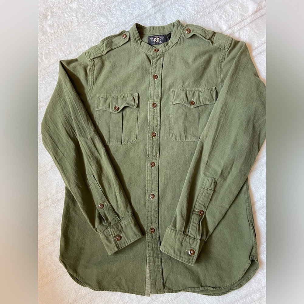 Polo RRL Collarless Army Green Long Sleeve shirt size Medium